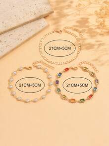 3pcs/Set Summer Fashion Multi-Layer Stackable Gold Anklets, Charming Women's Beach Party Style Shiny Colorful Rhinestone & Faux Pearl Anklets, Suitable For Daily Wear And Seaside Vacation Travel, Handmade Chain Cut To Length, Rhinestone Color And Faux Pearl Count Random - Multicolor - View 4