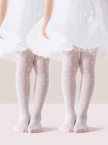 1/2条装女童/儿童白色薄款连裤袜，可爱休闲柔软透气，个性时尚心形镂空网眼设计，适合返校、居家休闲、节日、生日派对等场合。 - 白色 - 查看 10