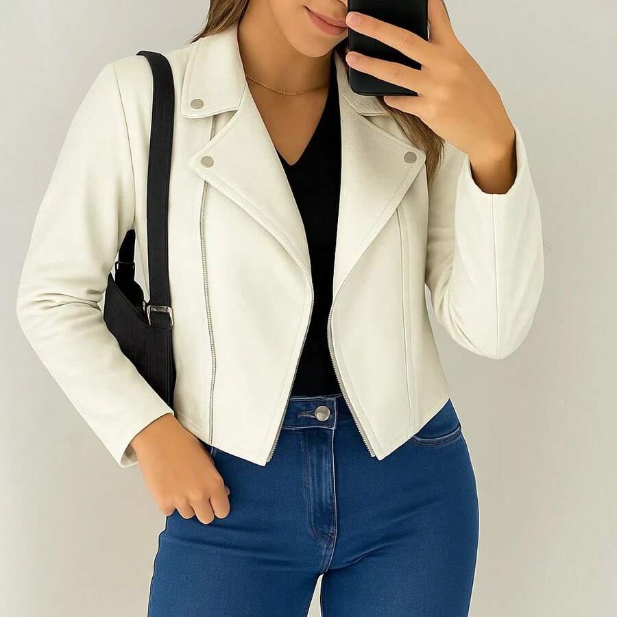 Jaqueta Feminina de Suede Estilosa Com Botões e Zíper Prata Estilo confortável Blusa de Frio
