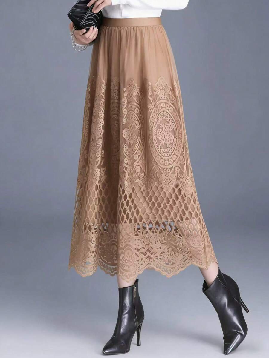 Long, Flared Boho-Style Skirt For Women With Delicate Cutout And Embroidery Details. - Mocha Brown - View 1