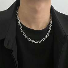 1pc Unisex Stainless Steel Geometric Necklace, Punk Style Asymmetric Sweater Chain, Luxury Jewelry Accessory, Non-Fading - Steel - View 3