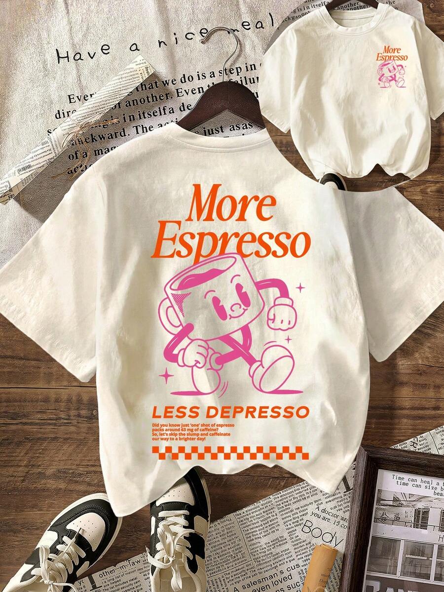 女士 More Espresso 咖啡俱乐部图案休闲圆领短袖T恤 夏季 - 杏色 - 查看 1