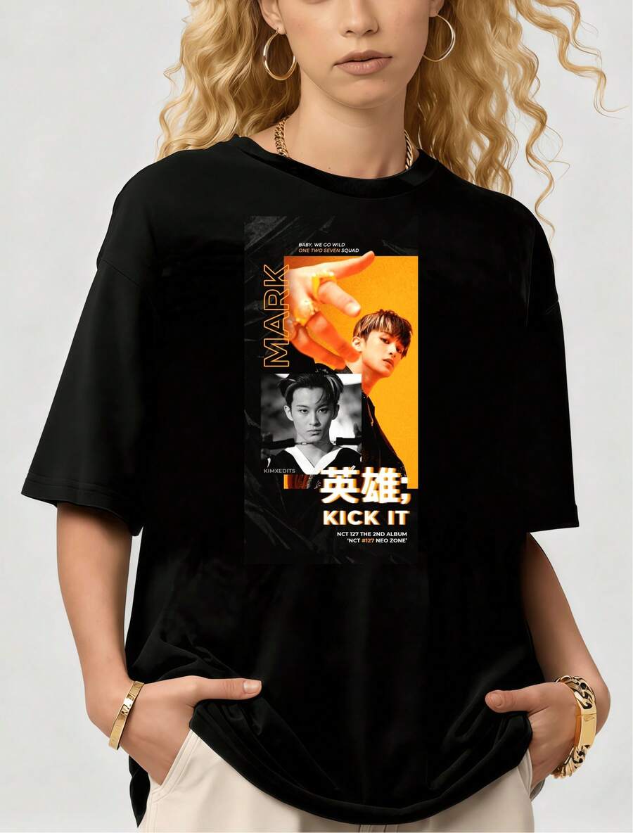 Camiseta de manga corta de algodón casual de verano con gráfico vintage "127 Mark Hero BKick It" - Negro - Ver 1