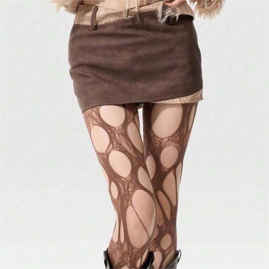 New Spice Girl Black Ripped Roses Hollow Pantyhose Irregular Hollow Bottom Socks - màu nâu - Xem 1
