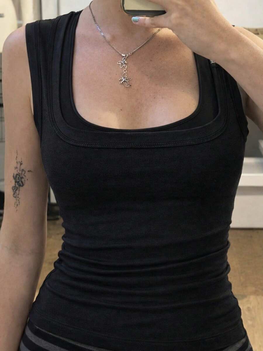 Áo hai dây 2 trong 1 kiểu Y2K dành cho nữ, màu đen trơn, thích hợp cho mùa tựu trường, thể thao ngoài trời và mặc nhà thoải mái vào mùa hè. - màu đen - Xem 1