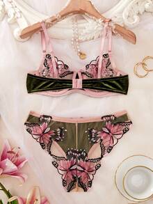 女士可调节肩带文胸内裤套装（2件套），蝴蝶图案内衣，舒适半透明性感内衣套装 - 墨綠色 - 查看 2