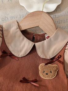Baby Girls' Fashion Casual Cute Set, Bow Bear Patch Lapel Simple Top + Pleated Patch Skirt - Brown - View 3