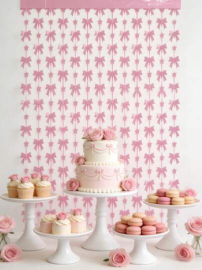 Pink Bow Curtains, Pink Bow Foil Edge Curtains, Pink Birthday Decorations, Bow Party Decorations, Suitable For Pink Bow Birthday Decorations, Cute Party Decorations, Princess Theme, Glitter Background Decor, Wedding, Bachelorette Party, Baby Shower Party Supplies