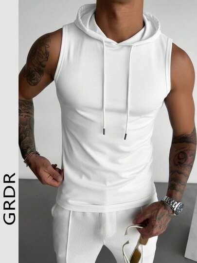 GRDR Men's Summer Casual Solid Color Drawstring Hooded Tank Top