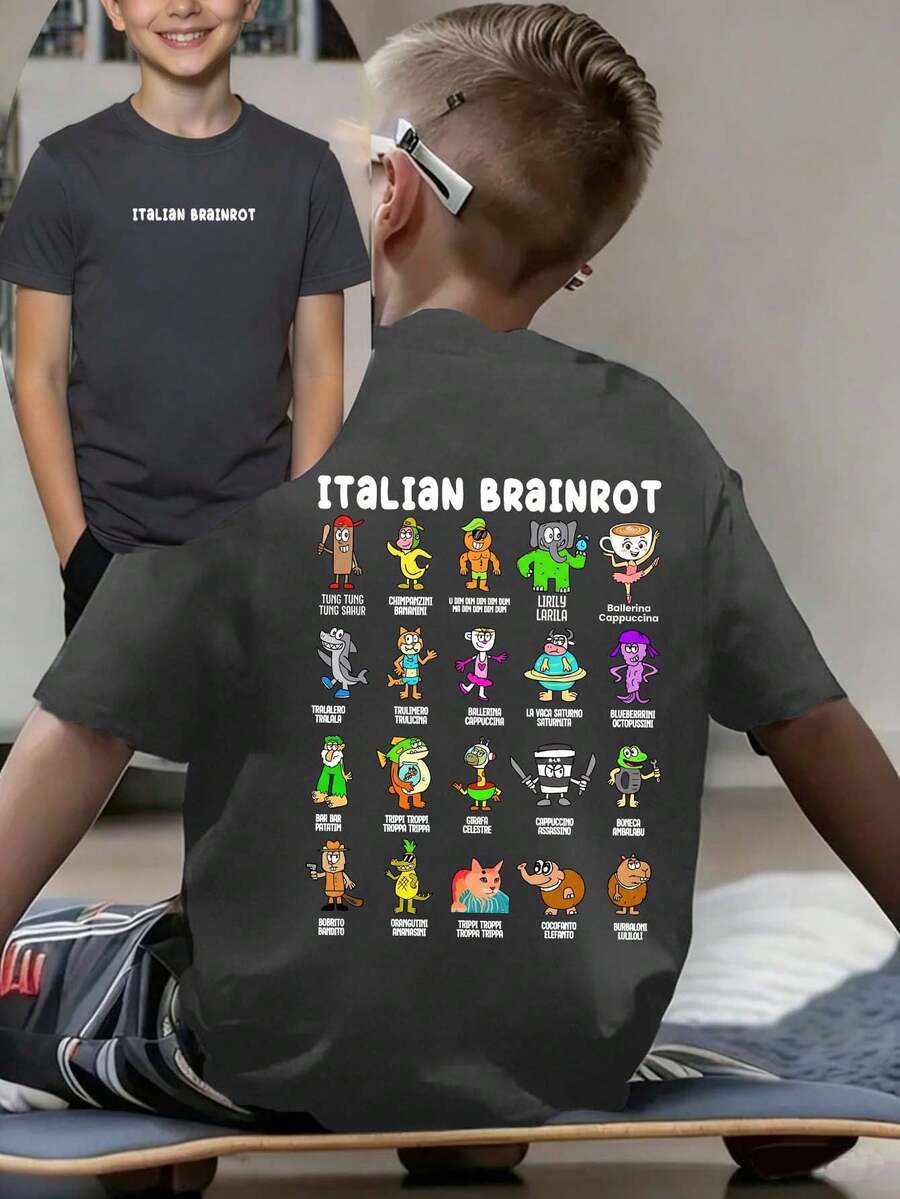 Áo thun in hình ngộ nghĩnh "ITALIAN BRAINROT" dành cho bé trai tuổi teen, thích hợp mặc thường ngày, dạo phố, đi học, dự sự kiện, áo mùa hè thời trang cho bé trai. - Màu xám đen - Xem 1