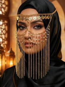 1pc Women's Fashionable Rhinestone-Studded Chain Tassel Face Mask Necklace For Party Or Event - Gold - View 6