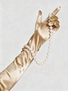 1 par de guantes largos de satén para mujer, adecuados para ocasiones formales como bodas y galas - Champán - GC14623 - Ver 5
