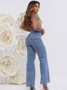 Calça Jeans Feminina Wide Leg Pantalona Marmorizada Cintura Alta 100% Algodão Premium Levanta Bumbum - MARMORIZADA - Visão 2