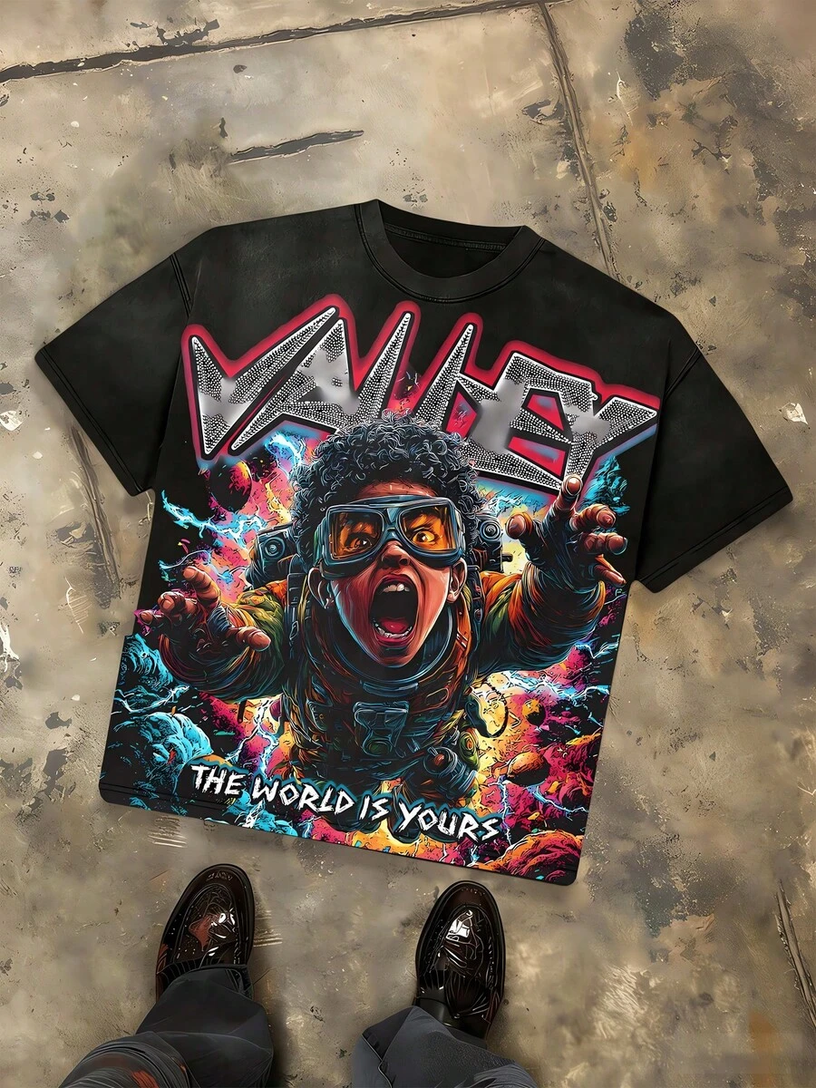 "VALLEY" And "THE WORLD IS YOURS" Slogan - Oversized Distressed Print T-Shirt With A Futuristic Boy Graphic Featuring An Afro And Goggles. Men's Short-Sleeved, 100% Cotton, Loose Fit, Y2K Street Retro Casual Urban Aesthetic, 100% Cotton Pullover. Gift - 黑色 - 查看 1
