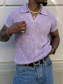 Camiseta de punto de manga corta con cuello polo, diseño elegante de nicho, patrón de cuadrícula de diamante sólido minimalista y holgado, para hombre, versátil para ir al trabajo, primavera/verano - Morado - Ver 2