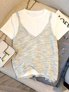 女士百搭两件套——基础款白色T恤+渐变色针织吊带背心，休闲通勤外出套装 - 彩色 - 查看 4