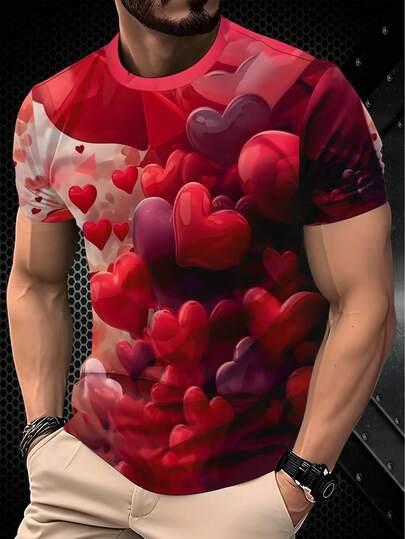 Valentine's Day Ideal Gift, Men's Polyester 3D T-Shirt With Heart Design, Suitable For Summer Wear, Lightweight And Durable, Suitable For Casual Outings, Comfortable Fit, Modern Fashionable Style, Can Be Worn As Couple