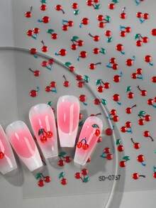 1张5D甜美红樱桃美甲贴纸 可爱果冻浮雕自粘美甲贴花装饰设计 卡哇伊美甲用品 - 紅色 - 查看 5