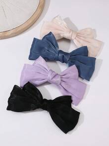 4pcs Women's Simple Elegant Solid Satin Bow Hair Clips, Versatile Everyday Hairpin Barrette, Suitable For Casual And Holiday Wear - Multicolor - View 3