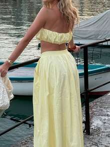 Live To Mo 女士夏季性感度假奶油黄两件套无肩带连衣裙，适合派对、海滩和日常穿着 - 黃色 - 查看 2