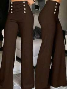 Women's Solid Color Flared Slim Fit Casual Pants Spring - Coffee Brown - View 1