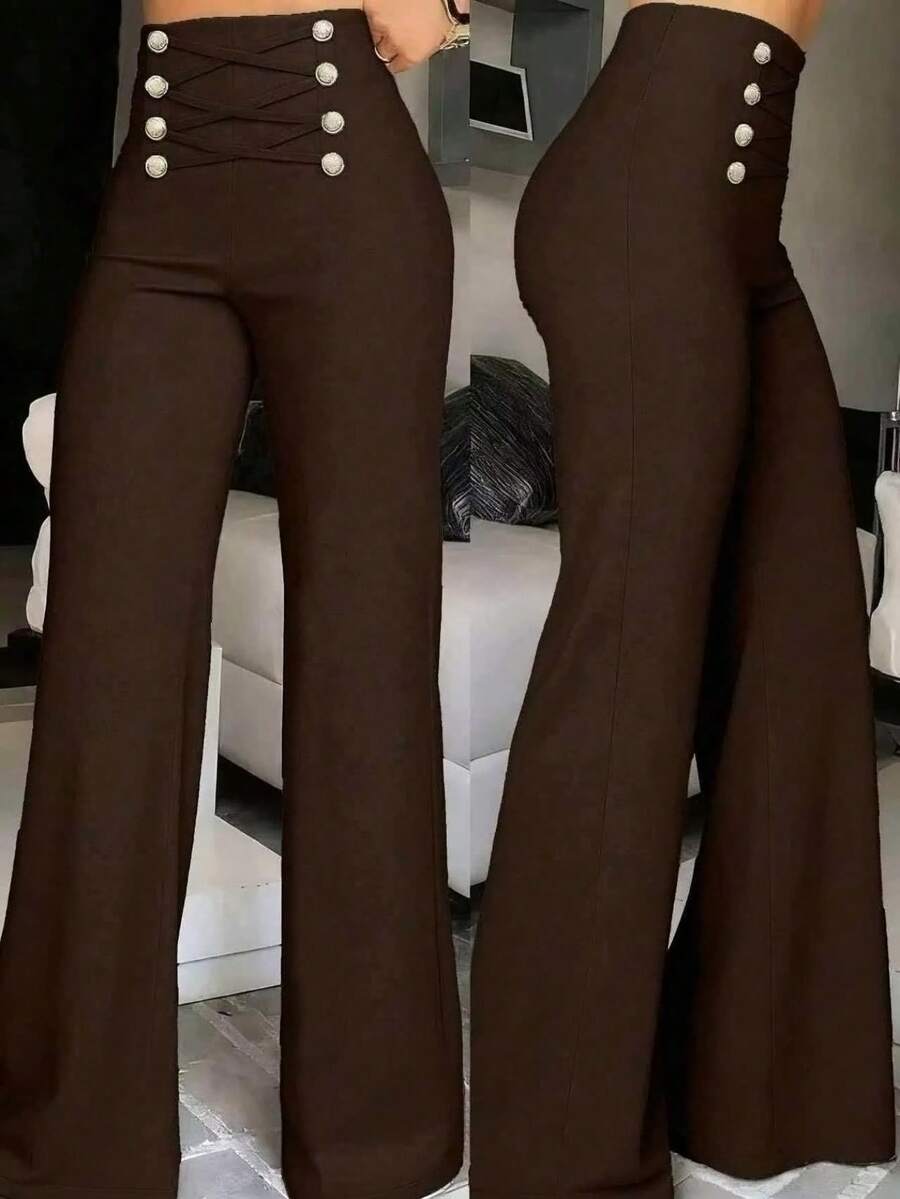 Women's Solid Color Flared Slim Fit Casual Pants Spring - Coffee Brown - View 1