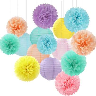 15 PCS Pastel Rainbow Colorful Party-Decorations Paper Flowers Lanterns - Birthday Classroom Tissue Pom Poms Streamers, Macaron Carnival Theme Hanging Supplies Decor