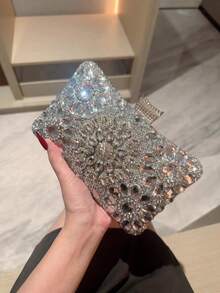 1pc Luxury Rhinestone Decor Box Clutch Bag, Sparkling Evening Bag For Formal Party, Wedding, Ball And Celebration, Romantic Bridal Purse, Tready Party Bags,Perfect For Party, Wedding, Prom, Dinner/Banquet, Glamorous Rhinestone Bag, Elegant Prom Bag - 銀色 - 查看 2