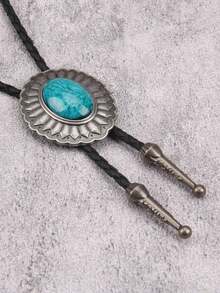 1pc Elegant Minimalist Embossed Sunflower Alloy Shirt Necklace, Fashion Hiphop Leather Necklace, Music Festival Party Accessory, Couple Necklace - Antique Silver - View 2