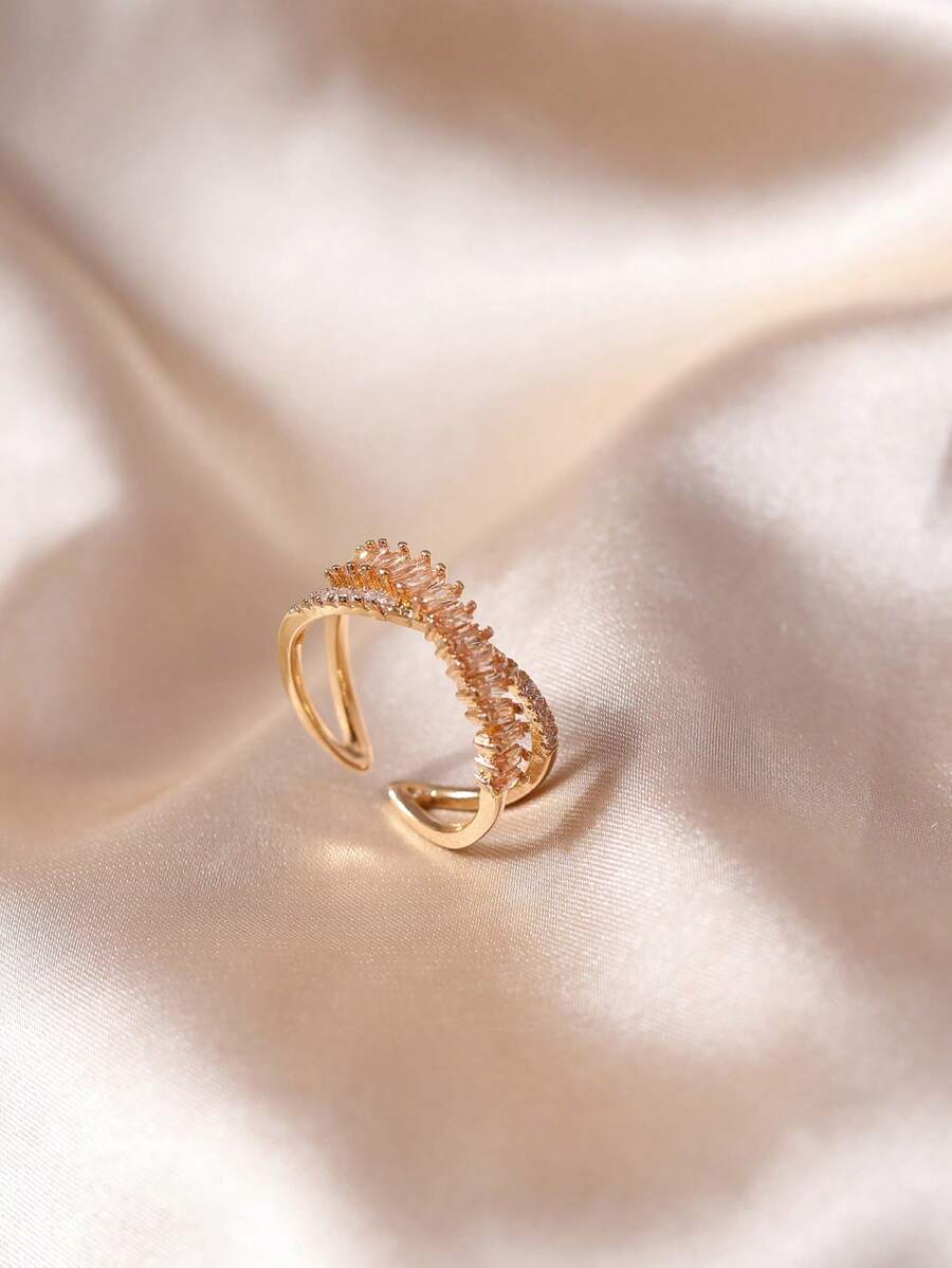 女士几何交叉锆石戒指，1枚，可调节，优雅闪亮 - 金色 - 查看 1