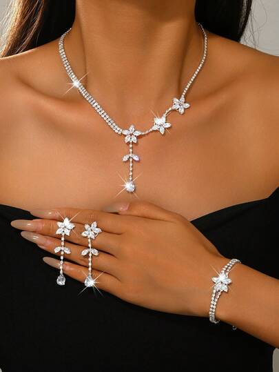 Elegant Floral Jewelry Set For Women, Necklace, Earrings And Bracelet - Floral Tassel Design, High-End And Chic, Suitable For Garden Weddings And Gifts For Valentine's Day, Mother's Day