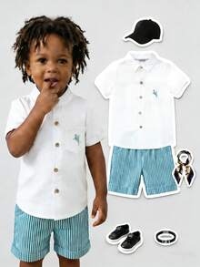 Conjunto de Camisa de Manga Curta com Gola para Meninos, Poliéster, Uso Casual Diário, Confortável e Elegante para a Escola e Várias Ocasiões - Multicolorido - Visão 8