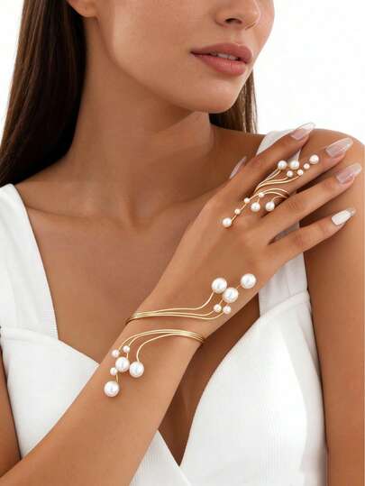 1/2件套时尚优雅创意不对称珍珠花朵手链戒指首饰套装，适合女性日常、约会、派对佩戴