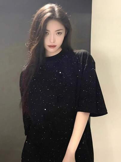 Classic Retro American Simple Black & Contrast Color Glitter Casual Street Y2K Loose Fit Round Neck Short Sleeve T-Shirt, Suitable For Students, Spring/Summer