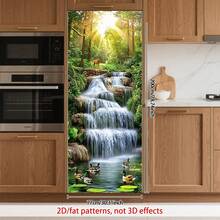 1/2片装自粘PVC森林鹿瀑布门贴 - 逼真的3D全息森林场景，包含瀑布、绿植和鹿。可移除光面塑料膜。适用于墙壁和门。 - 易于撕贴/办公室/自然主题装饰。 - 款式1 - 查看 6