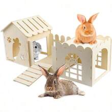 Casa de escondite de madera grande para conejos, castillo de madera de múltiples cámaras para pequeños animales, casa de juegos para conejos, hábitat con túnel para conejos enanos, cobayas, chinchillas, erizos, ardillas - L - Ver 8