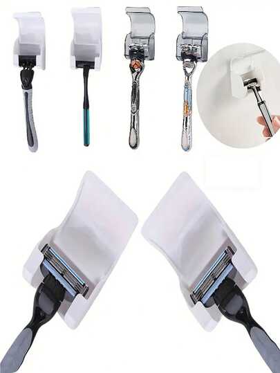 单件式壁挂剃须刀架，防水淋浴剃须刀挂钩，ABS塑料材质，无需钻孔，自粘乙烯基家具，适用于酒店、宿舍、浴室镜子和淋浴房，浴室配件，收纳，返校季，浴室整理，送亲友礼物，情人节礼物，自粘防水挂钩 | 可放置剃须刀、浴球、毛巾和牙刷 | 浴室和旅行收纳