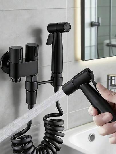 6pcs/Set Modern 2-In-1 Multi-Functional Toilet Sprayer Set, Wall-Mounted High-Pressure Toilet Sprayer Kit, Dual-Control Two-Inlet Three-Way Valve, Handheld Bathroom Cleaning Nozzle, Wall-Mounted Quick-Release Rotary Lock, Painted Finish, Telescopic Hose And Bracket. Suitable For Bathroom Flushing Toilets, Shower Cleaning, Home Bathrooms, Toilets And Kitchens. Upgrade Your Bathroom, A Modern Bathroom Essential Accessory, Ideal For Holiday Gifts.