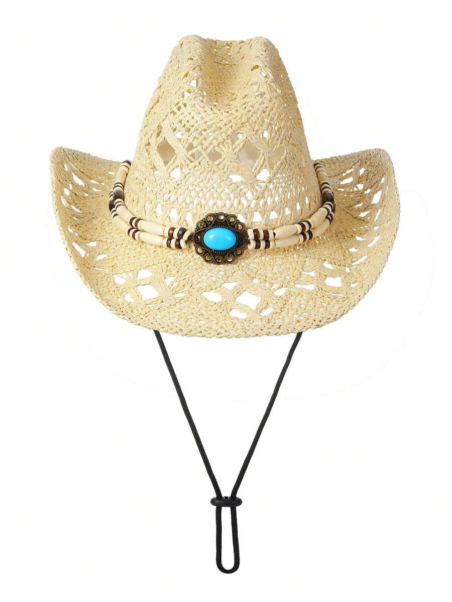 1pc Unisex Wooden Bead Decor Boho Ridge Wide Brim Hollow Out Hand Woven Cowgirl Hat Travel Shade Breathable Adjustable Chin Strap Travel Shade Windproof Rope Casual Handmade Beach Hat Cowboy Hat Straw Hat Sun Hat - 米色 - 查看 1
