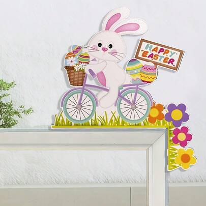 2D Flat, 1pc Charming Easter Bunny Bicycle Wooden Corner Decor - Colorful Frame And Wall Decor With "Happy Easter" Sign, Flowers And Eggs - Ideal For Home, Office And Party Decoration. Suitable For 11 Holidays