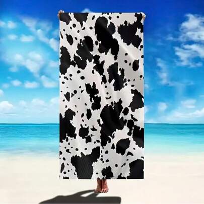 1pc Oversized Black & White Cow Pattern Beach Towel, Soft Beach Blanket Suitable For Vacation, Swimming, Beach Lovers, Great Gift For Loved Ones