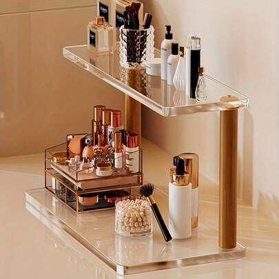 1pc Modern Gold Multi-Tier Cosmetic Storage Rack - Constructed With Sturdy Wood And Acrylic Materials, Space-Saving Countertop Organizer With Practical Shelves, Suitable For Wall, Bathroom, Etc.