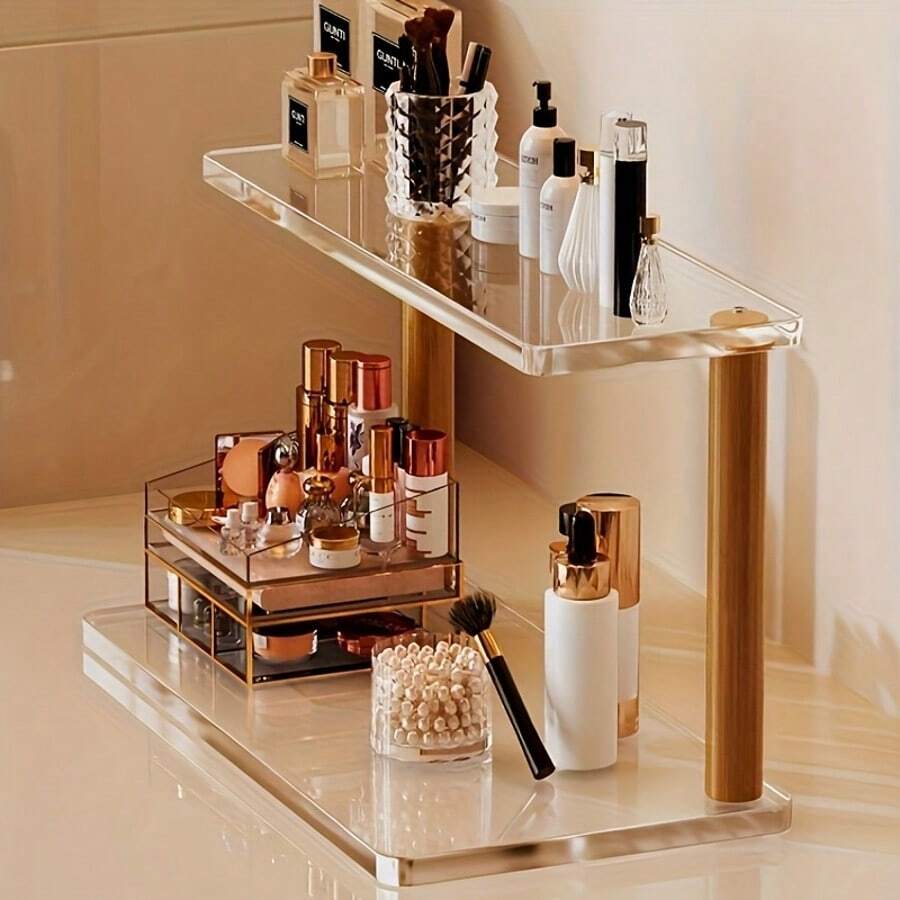 1 chiếc kệ đựng mỹ phẩm nhiều tầng màu vàng hiện đại - Được làm từ chất liệu gỗ và acrylic chắc chắn, tiết kiệm không gian, có các ngăn tiện dụng, thích hợp để treo tường, trong phòng tắm, v.v.