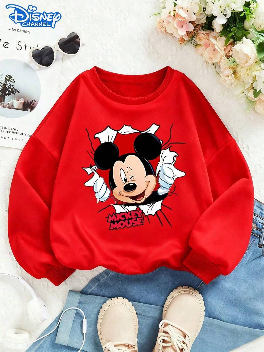 Disney Mickey Mouse Cartoon Print Soft And Warm Hoodie For Girls, Suitable For Everyday Wear, Family Outings And Other Occasions. - Đỏ - Xem 1