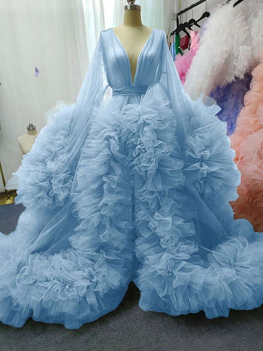 Maternity Dresses For Photoshoot Size Pregnant Gowns Sexy Mesh Fabric Ruffle Hem Wedding Kimono Relax Fit Beach Wedding Dresses With Belt Photography - Blue - View 1
