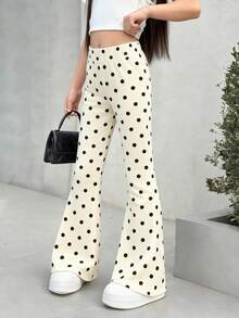 女童宽松休闲裤，撞色波点设计，百搭日常穿搭，复古街头风 - 杏色 - 查看 1