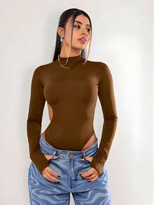 Women's Long-Sleeved Backless Bodysuit In Cool Fabric, Fashionable Blogger Style, Basic - Rust Brown - View 8