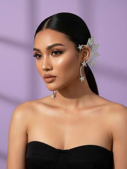 一对镶钻太阳星形装饰耳夹，精致银色菲律宾太阳主题耳环，女士魅力派对及盛会珠宝礼品，奢华镶钻太阳光芒星形耳夹，醒目银色耳饰，适合婚礼、派对及选美比赛