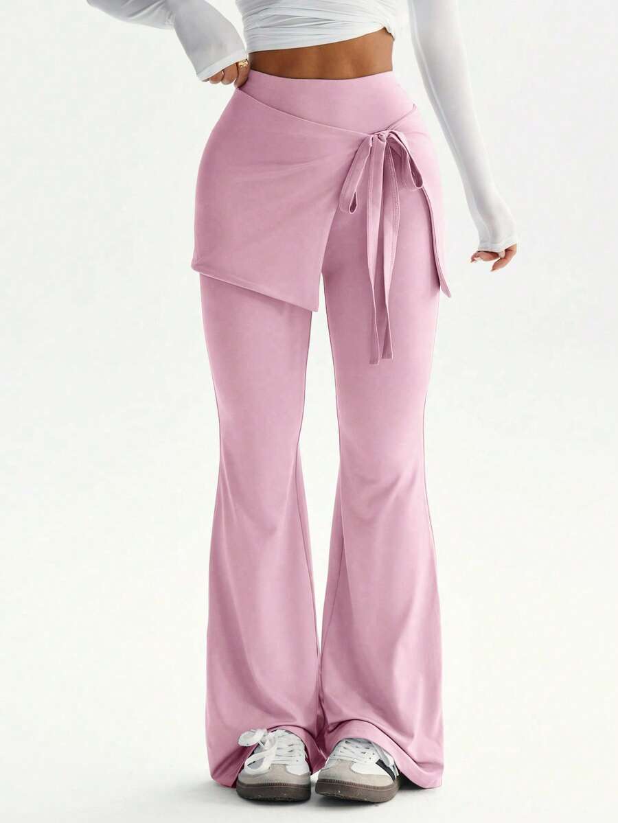 Gentle Light Gray! Crossover Tie - Waist Flare Pants | Effortlessly Achieve Korean - Style Relaxed Vibe Spring - Pink - View 1