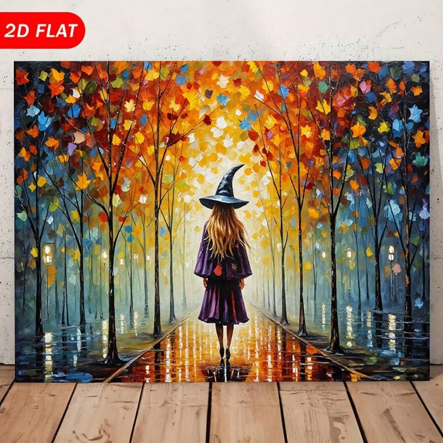 2D Flat 1pc Whimsical Oil Painting |   Young Girl In Purple Dress With Fall Leaves Forest |   2D Flat Wrapped Canvas Wall Art Living Room, Entryway, Bedroom |   Modern Minimalist Art Deco Style, Valentine'S Day Decor - 1 - View 1